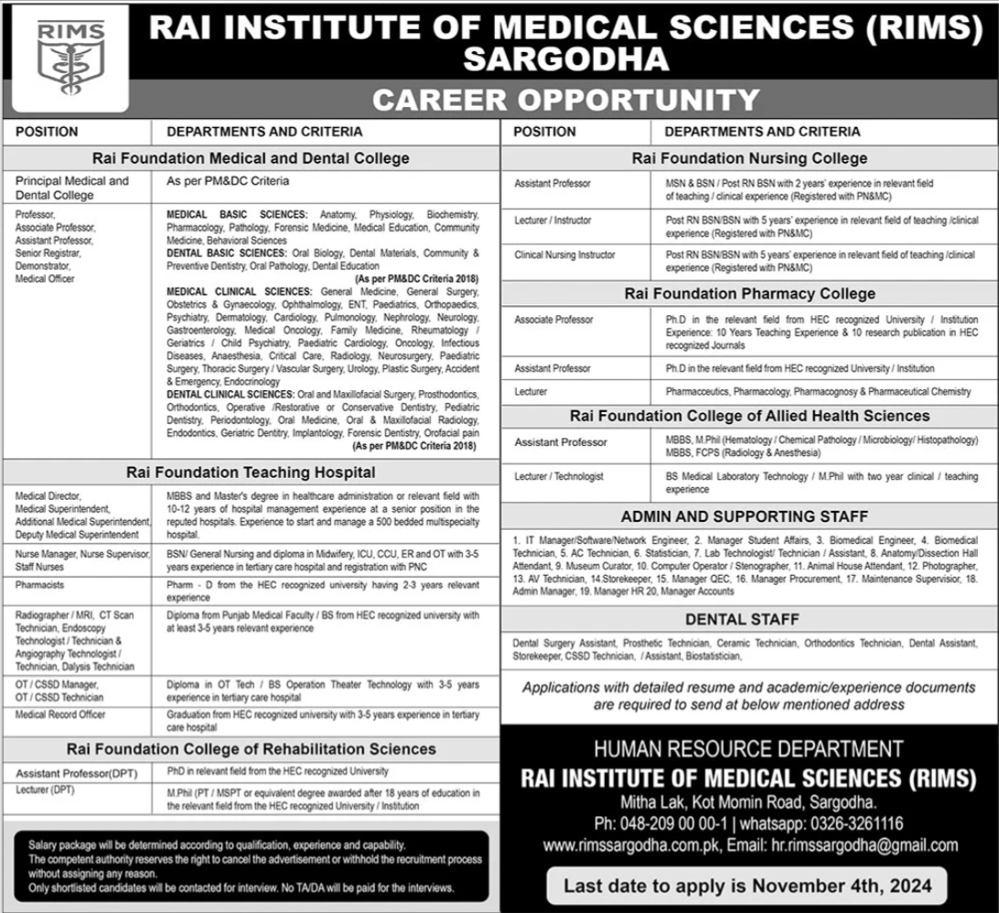 Rai Institute Of Medical Sciences RIMS Sargodha Jobs 2024 Jobs 2024 — original advertisement