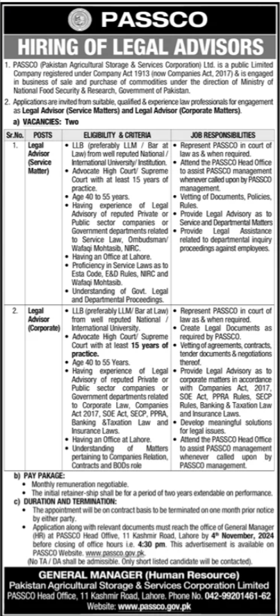 Pakistan Agricultural Storage & Services Corporation Jobs – Pakistan Agricultural Storage and Services Corporation (PASSCO) Jobs 2024 — original advertisement