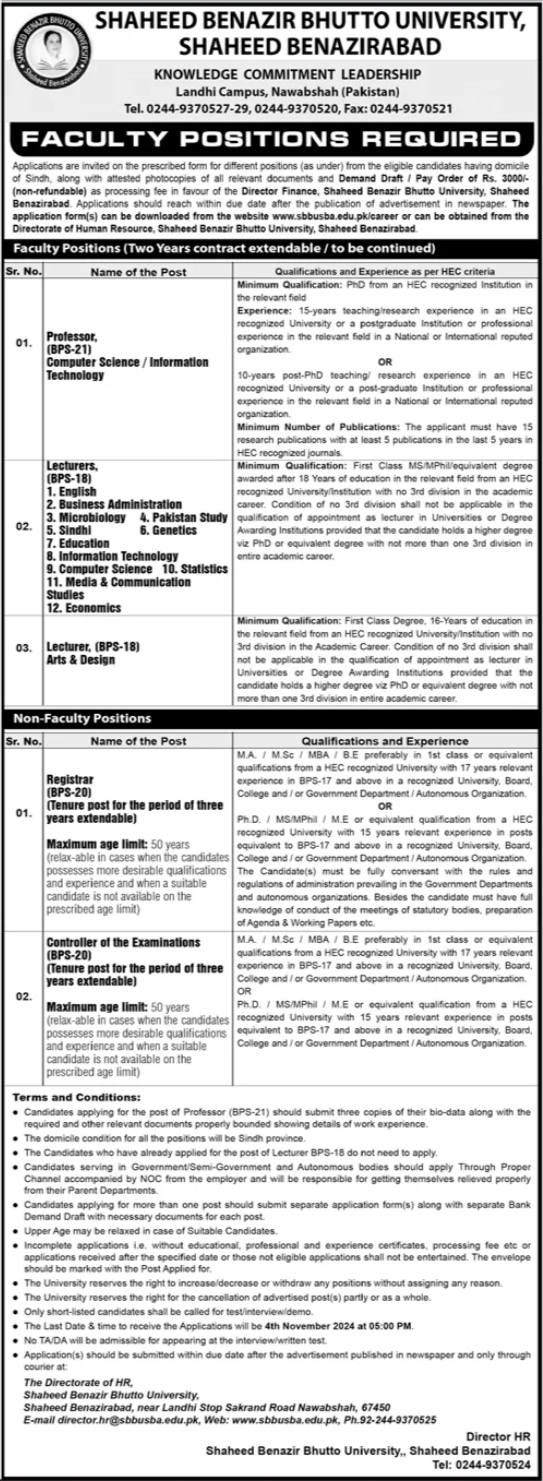 Shaheed Benazir Bhutto Dewan University Jobs 2024 Jobs 2024 — original advertisement