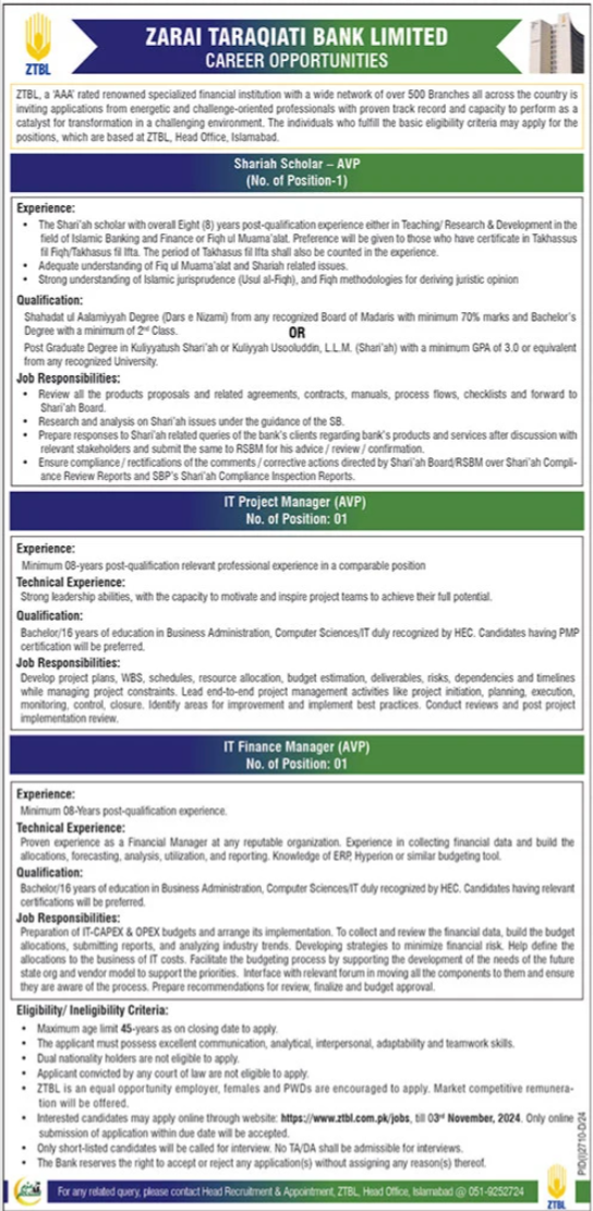 Zarai Taraqiati Bank Limited ZTBL Bank Islamabad Jobs 2024 Jobs 2024 — original advertisement