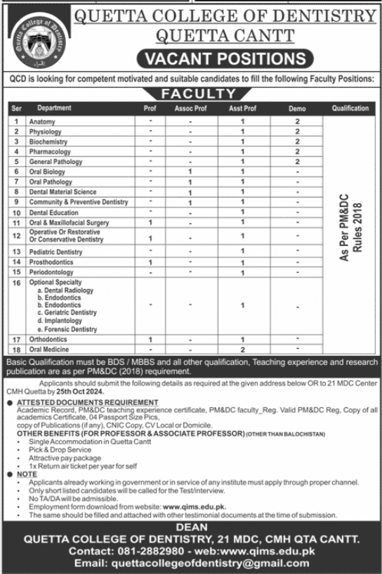 Quetta College Of Dentistry Quetta Jobs 2024 – Quetta College of Denistry QCD Quetta Jobs 2024 — original advertisement