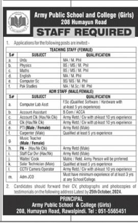 Army Public School And College Rawalpindi Jobs 2024 – Army Public School & College Paksitan Jobs 2024 — original advertisement