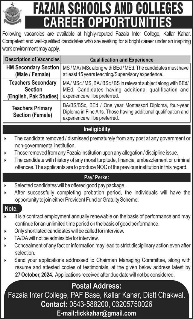 Fazaia School And Colleges Chakwal Jobs 2024 – Fazaia Schools & Colleges Jobs 2024 — original advertisement