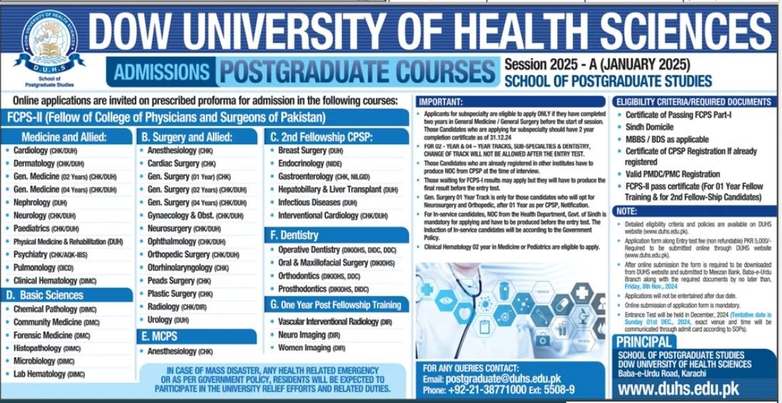 Admission Open in Dow University of Health Sciences Karachi Admissions 2024 — original advertisement