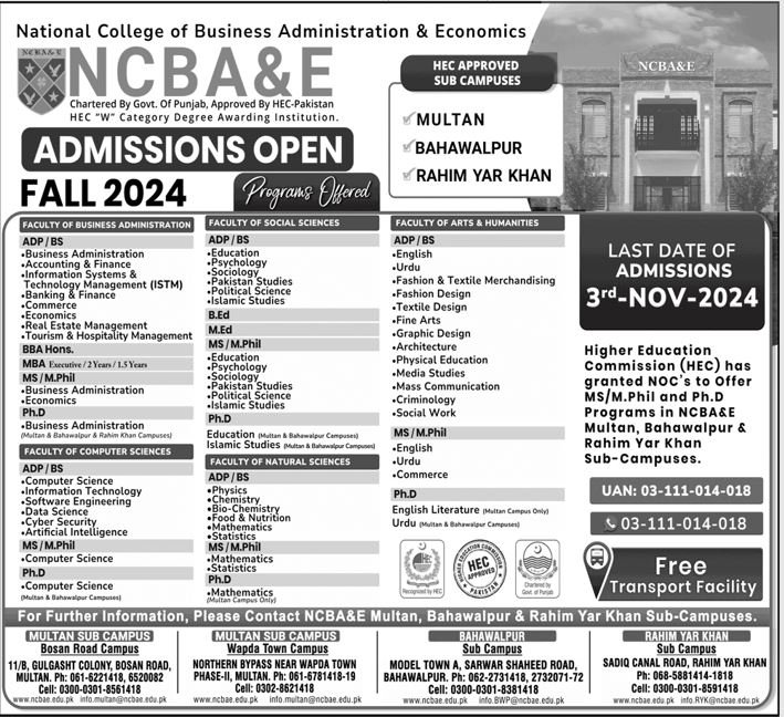Admission Open in National College of Businees Administratio – National College of Business Administration & Economics Lahore Admissions 2024 — original advertisement