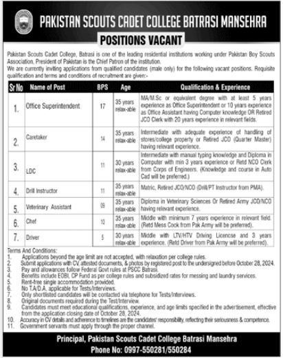 Pakistan Scouts Cadet College Batrsi Manshera Jobs 2024 – Pakistan Scouts Cadet College Batrasi Mansehra Jobs 2024 — original advertisement