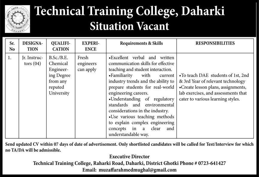 Technical Training College Daharki Sindh Jobs 2024 Jobs 2024 — original advertisement