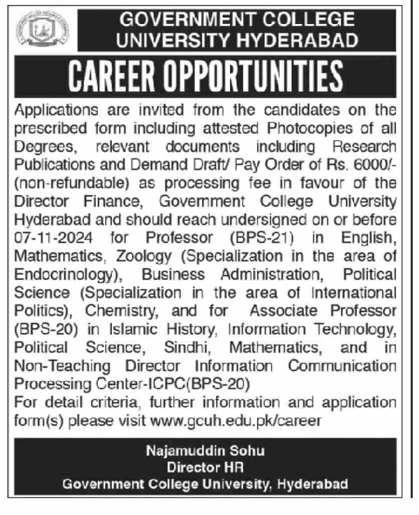 Government College University Hyderabad Jobs 2024 Jobs 2024 — original advertisement