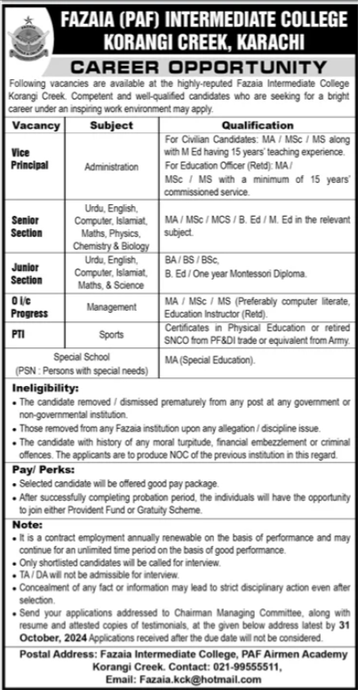 Fazaia Intermediate College Karachi Sindh Jobs 2024 – Fazaia Schools & Colleges Jobs 2024 — original advertisement