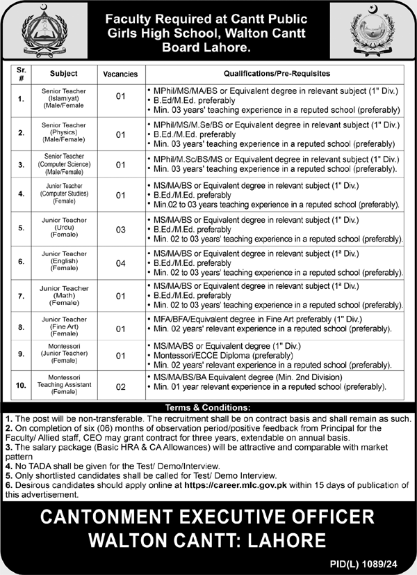 Faculty Positions At Cantt Public Girls High School Lahore – Army Public School & College Paksitan Jobs 2024 — original advertisement