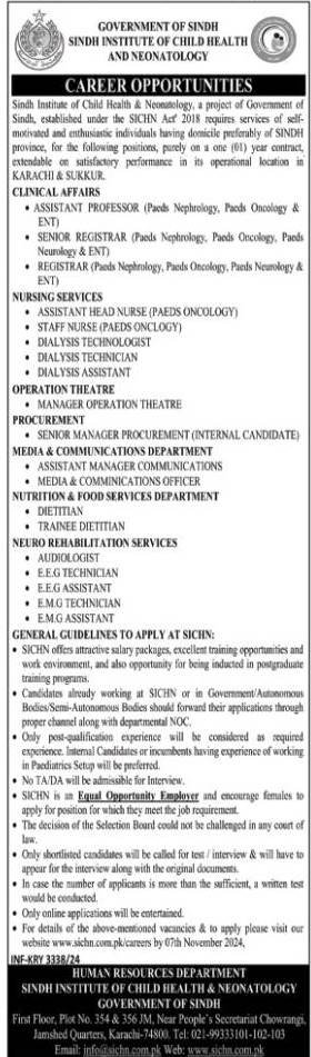 Sindh Institute Of Child Health & Neonatology Jobs 2024 – Sindh Institute of Child Health and Neonatology Jobs 2024 — original advertisement