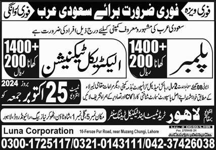 Plumber And Electrical Technician Jobs In Saudi Arabia – Lahore Trade Test & Technical Training Center Jobs 2024 — original advertisement