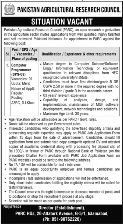 Pakistan Agricultural Research Council PARC Jobs 2024 – Pakistan Agricultural Research Council Islamabad Jobs 2024 — original advertisement