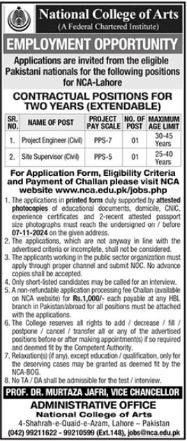 National College Of Arts NCA Lahore Jobs 2024 – National College of Arts, NCA Lahore Jobs 2024 — original advertisement