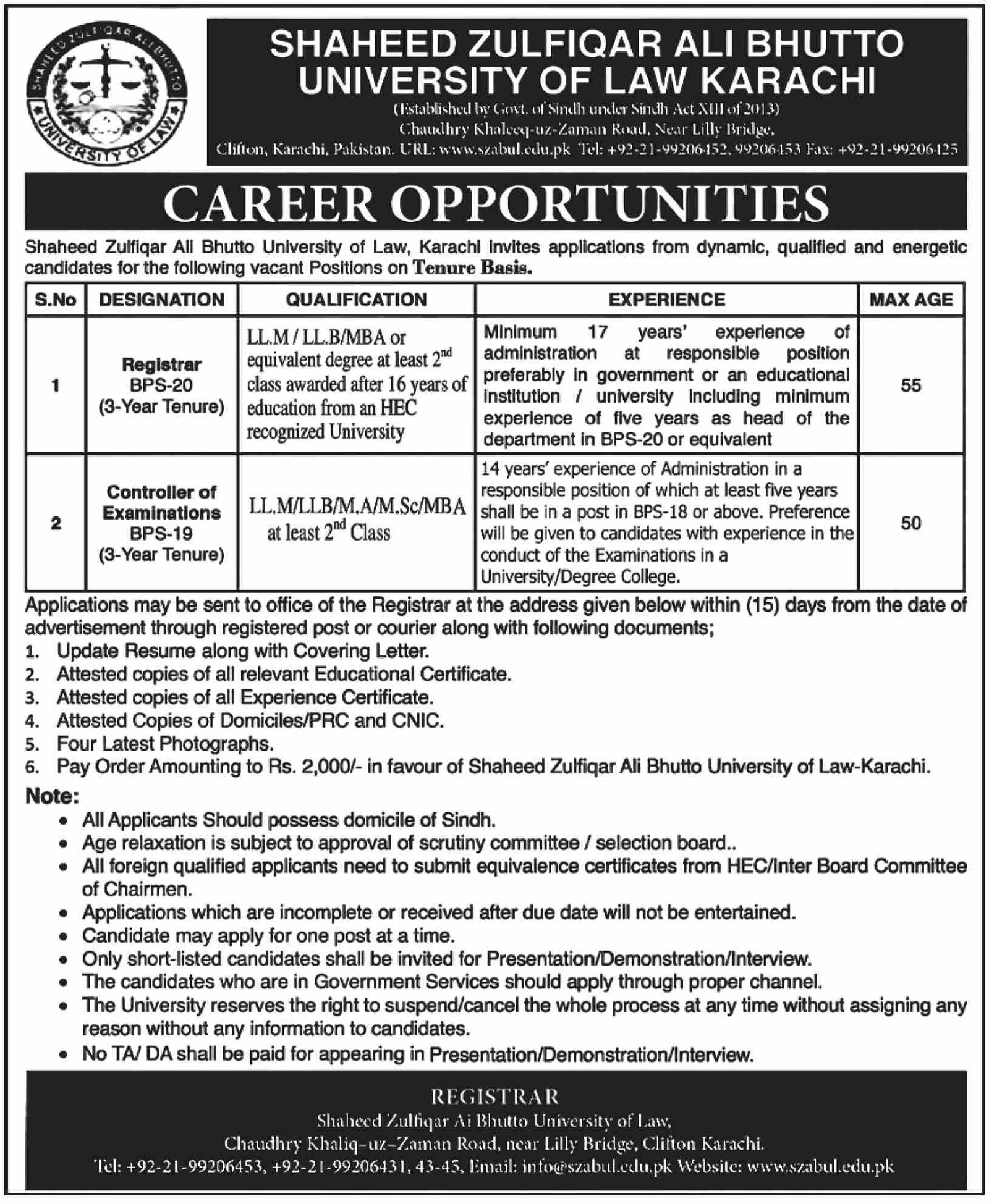 Shaheed Zulfiqar Ali Bhutto University Of Law Jobs – Shaheed Zulfiqar Ali Bhutto University of Law Karachi Jobs 2024 — original advertisement