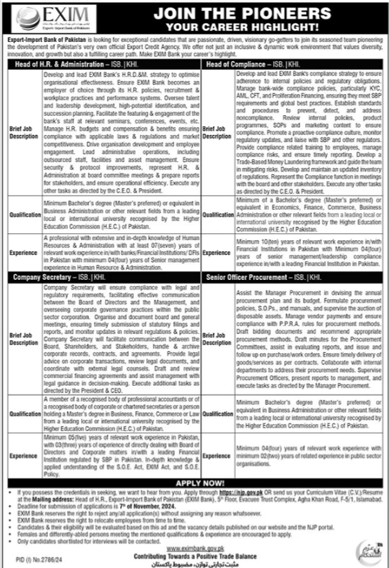 Exim Import & Export Bank Of Pakistan Jobs 2024 – EXIM Bank of Pakistan Jobs 2024 — original advertisement