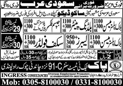 Gypsum Fixer & Plaster Mason Jobs 2024 In Saudi Arabia – Pak Techni Test Center Jobs 2024 — original advertisement