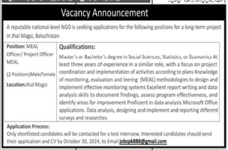 NGO Jhal Magsi Balochistan Jobs 2024 – Public Sector Organization Jobs 2024 — original advertisement