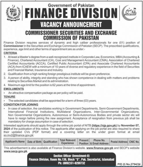 Finance Division Islamabad Jobs 2024 Jobs 2024 — original advertisement