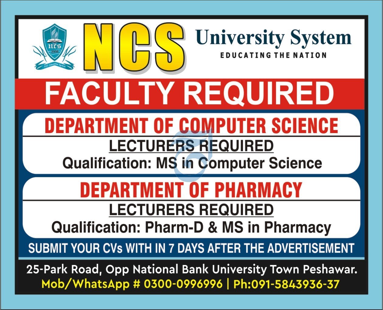 NCS University System Peshawar Jobs 2024 – National College of Arts, NCA Lahore Jobs 2024 — original advertisement