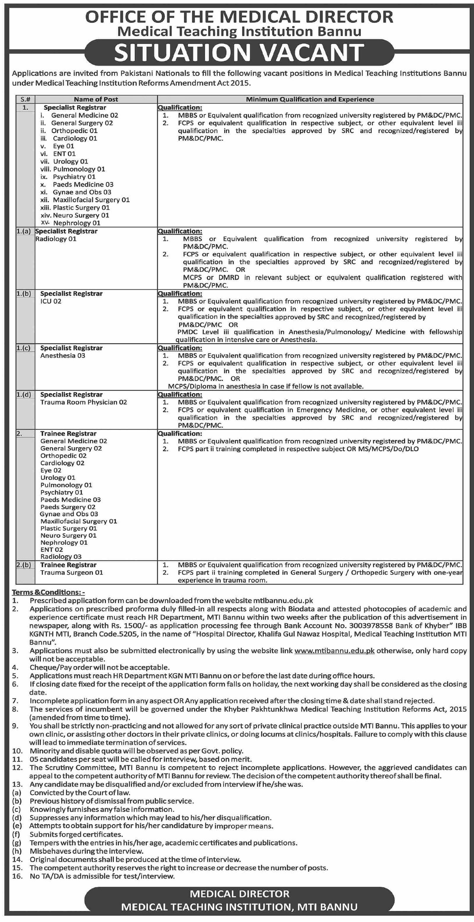 Medical Teaching Institution MTI Bannu Kpk Jobs 2024 – Medical Teaching Institution Bannu Jobs 2024 — original advertisement