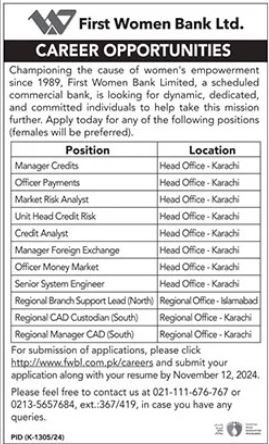 First Women Bank Limited FWBL Jobs 2024 – First Women Bank LTD Jobs 2024 — original advertisement