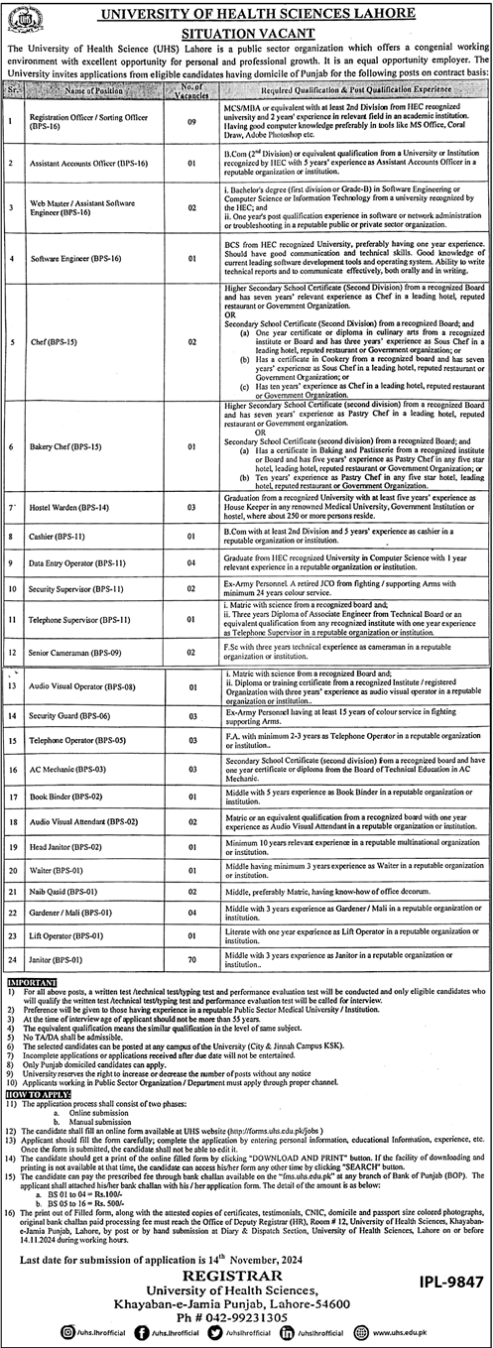 University Of Health Sciences UHS Lahore Jobs 2024 – University of Health Sciences Lahore Jobs 2024 — original advertisement