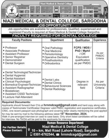 Niazi Medical And Dental College Sargodha Jobs 2024 Jobs 2024 — original advertisement