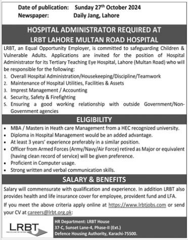 LRBT Secondary Eye Hospital Jobs 2024 – LRBT Tertiary Eye Teaching  Hospital Jobs 2024 — original advertisement