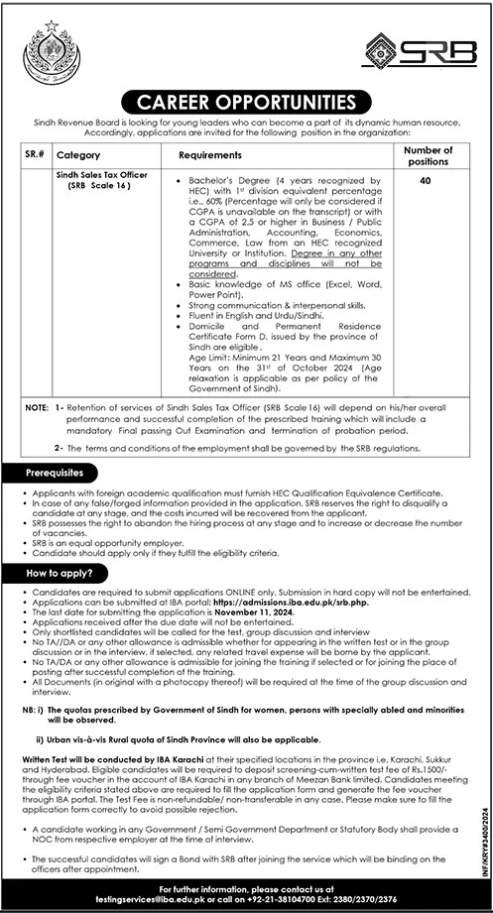 Sindh Revenue Board Jobs 2024 – Board of Revenue Sindh Jobs 2024 — original advertisement