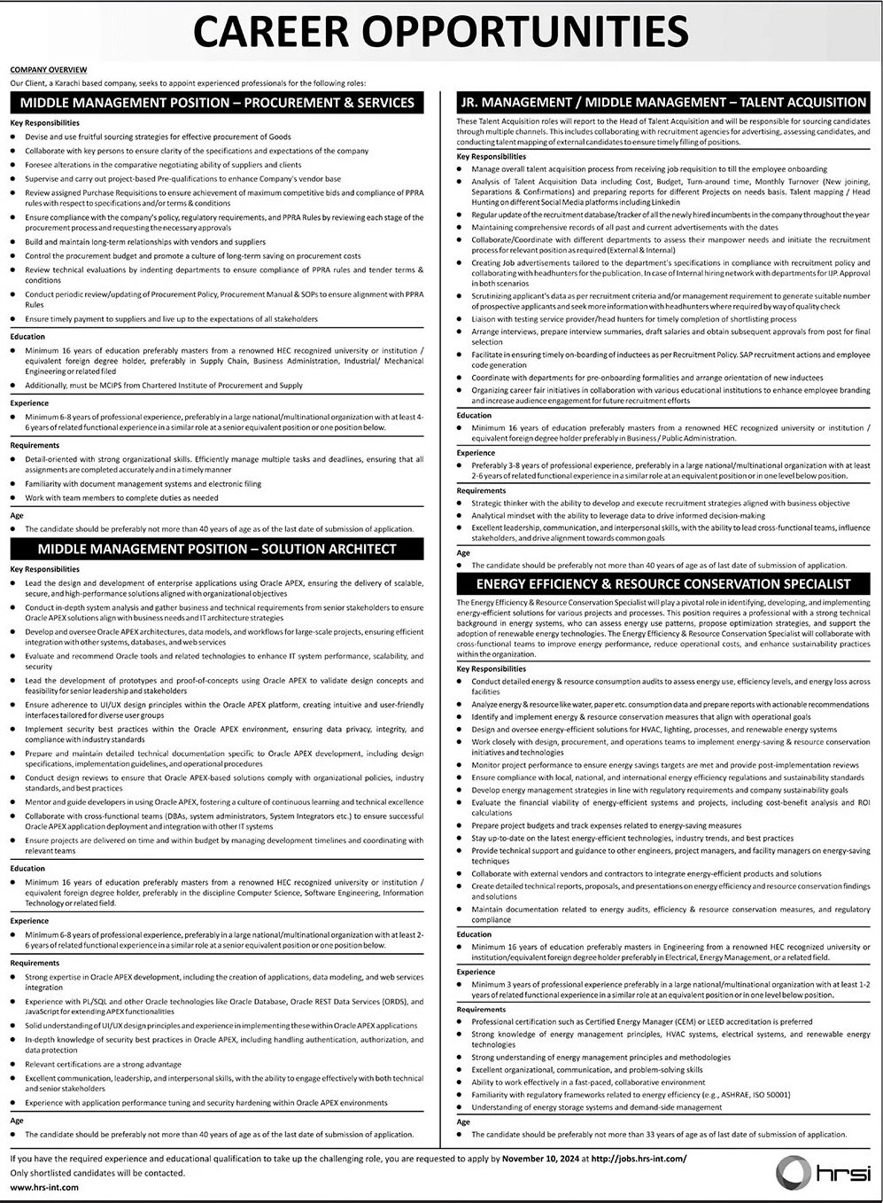 Human Resource Solution International HRSI Jobs 2024 – HRSG People and Business karachi Jobs 2024 — original advertisement