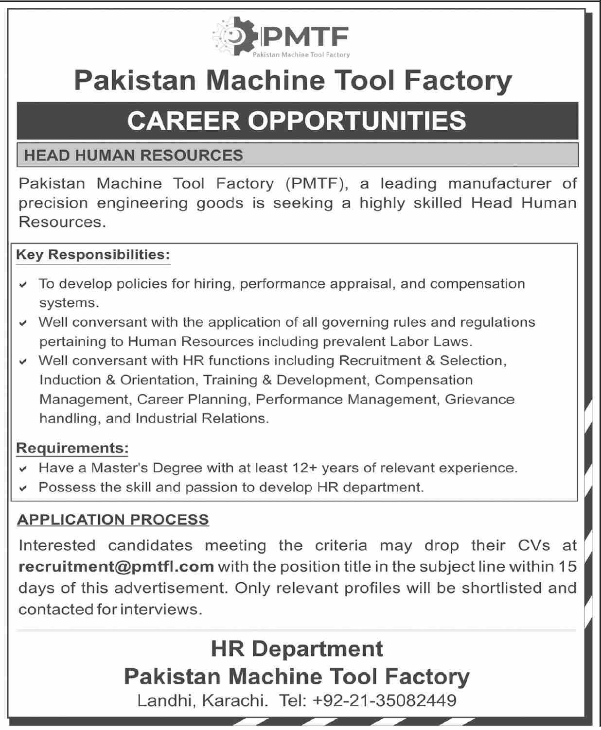 Pakistan Machine Tool Factory Karachi Jobs 2024 – Private Company Jobs 2024 — original advertisement