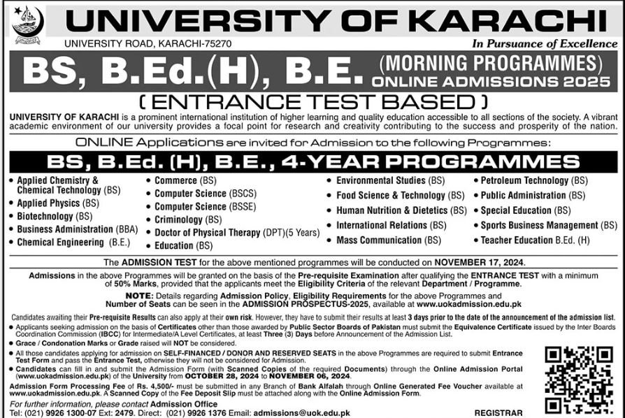Admission Open in University of Karachi Sindh 2024 Admissions 2024 — original advertisement