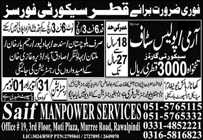Army & Police Staff Jobs 2024 In Qatar – Saif Manpower Services Jobs 2024 — original advertisement