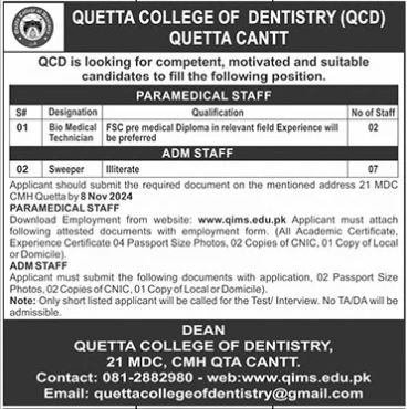 Quetta College of Dentistry QCD Quetta Jobs 2024 – Quetta College of Denistry QCD Quetta Jobs 2024 — original advertisement