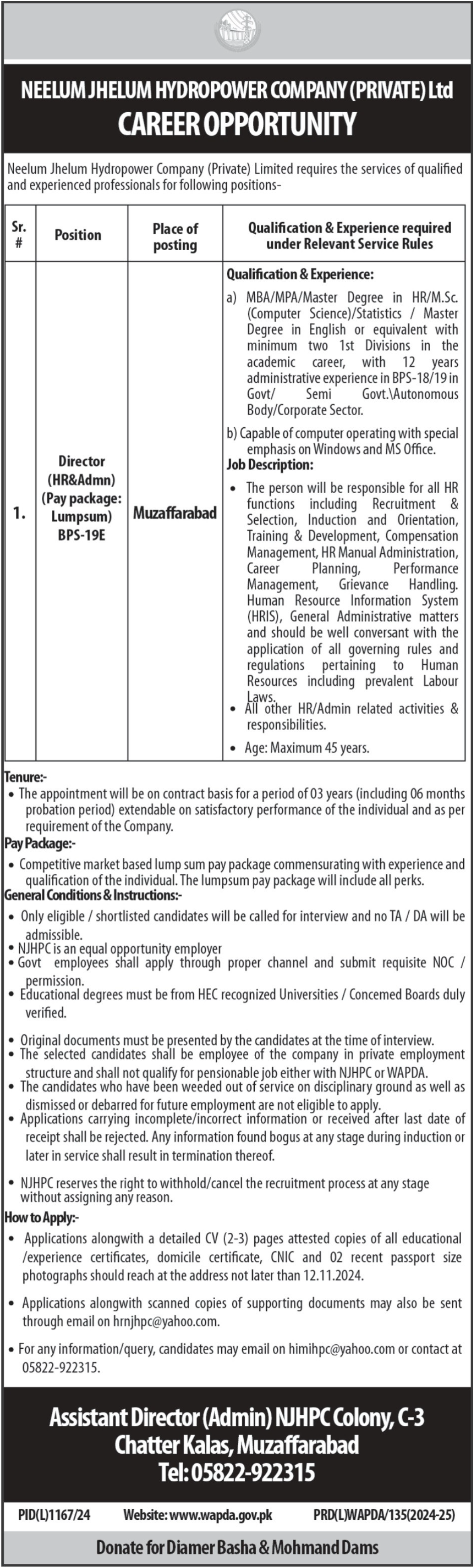 Neelum Jhelum Hydropower Company Muzaffarabad Jobs 2024 – Private Company Jobs 2024 — original advertisement