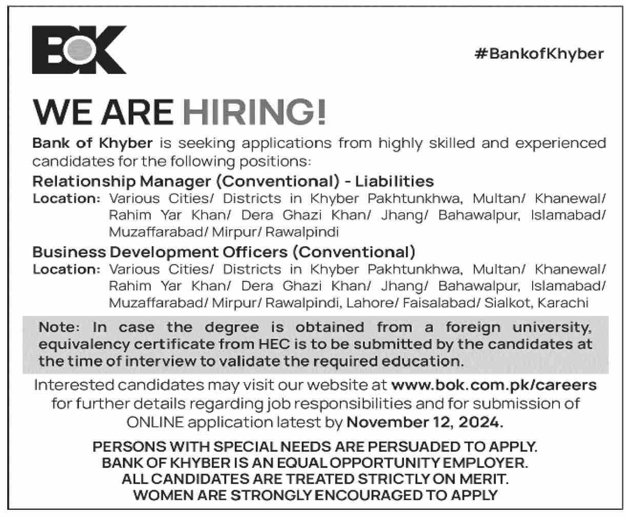 The Bank Of Khyber BOK Jobs 2024 Jobs 2024 — original advertisement