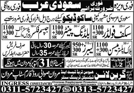 Plaster Mason & Labor Jobs 2024 In Saudi Arabia – Union Manpower Services Jobs 2024 — original advertisement