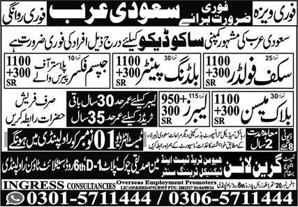 Building Painter & Labor Jobs 2024 In Saudi Arabia – Green Line Human Resource Manpower Jobs 2024 — original advertisement