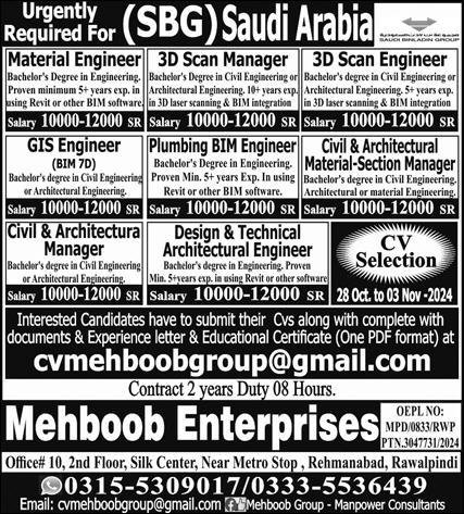 Material Engineer & 3D Scan Engineer Jobs 2024 – Mehboob Enterprises Overseas Employment Promoters Jobs 2024 — original advertisement