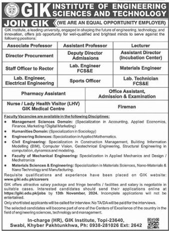 GIK Institute Of Engineering & Science Jobs 2024 – Ghulam Ishaq Khan GIK Institute of Engineering Sciences and Technology Swabi Jobs 2024 — original advertisement