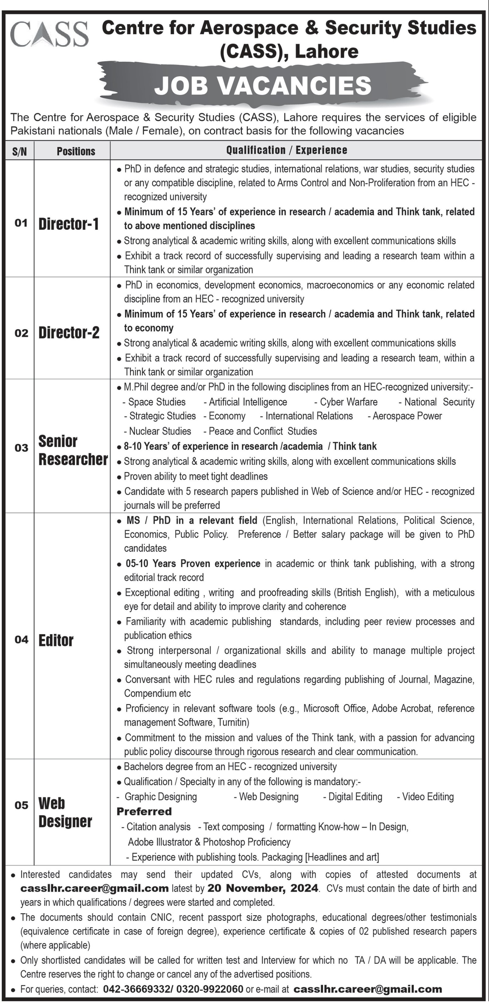 Centre For Aerospace & Security Studies CASS Jobs 2024 Jobs 2024 — original advertisement