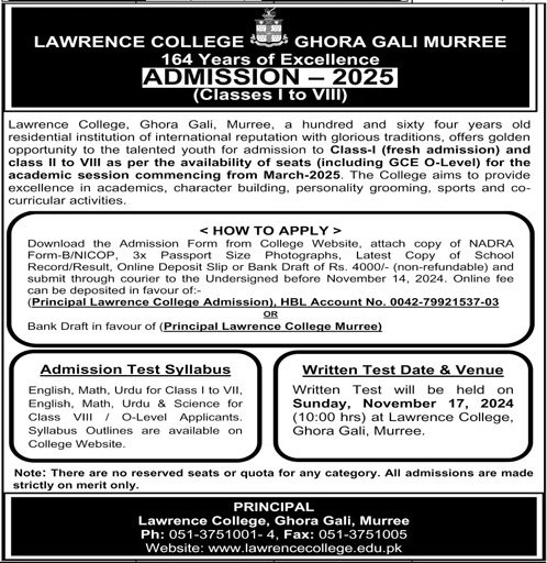 Admission Open in Lawrence College Ghora Gali Murree 2025 Admissions 2024 — original advertisement