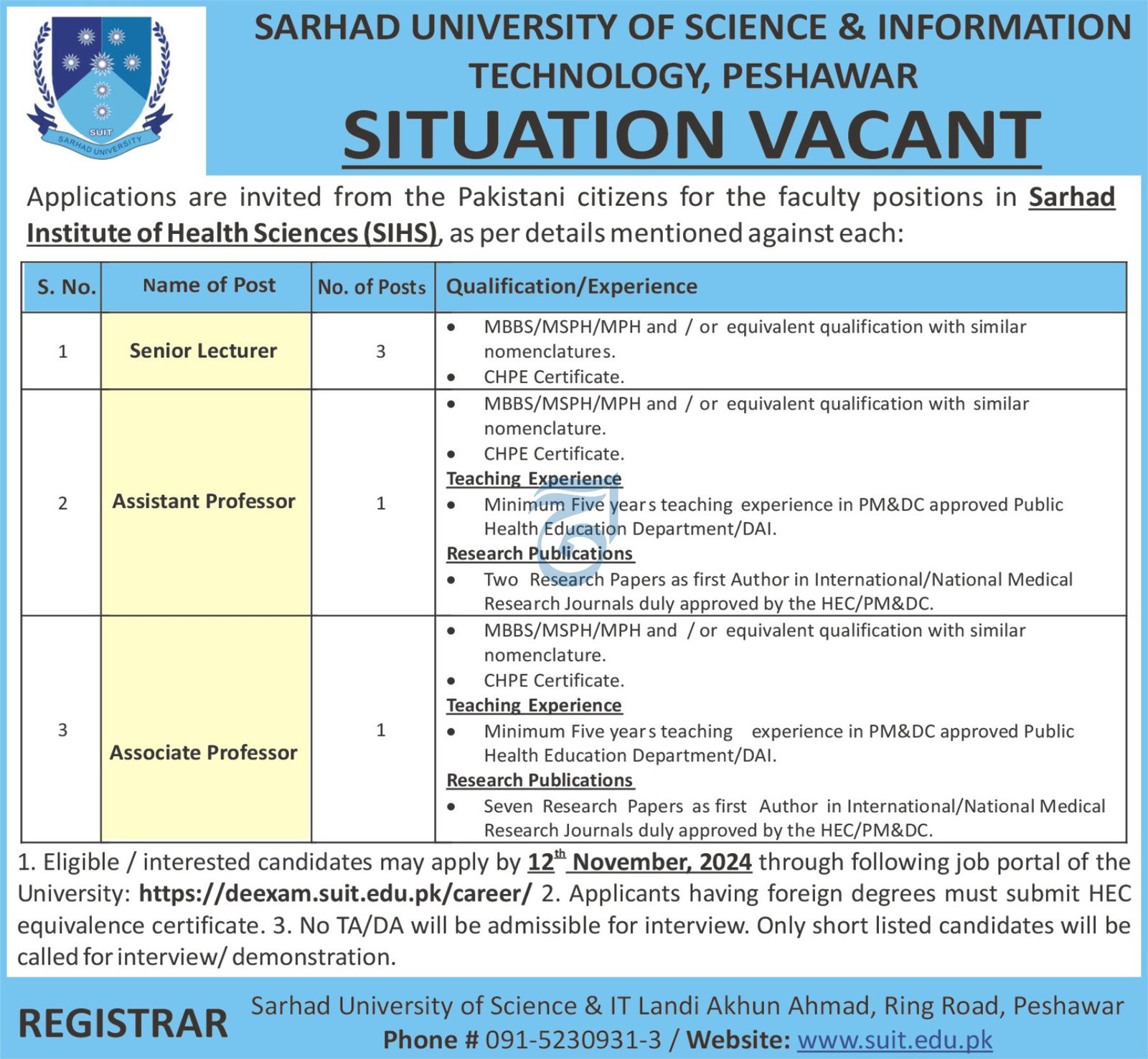 Sarhad University of Science And  Information Peshawar Jobs – Sarhad University of Science and Information Technology Peshawar Jobs 2024 — original advertisement