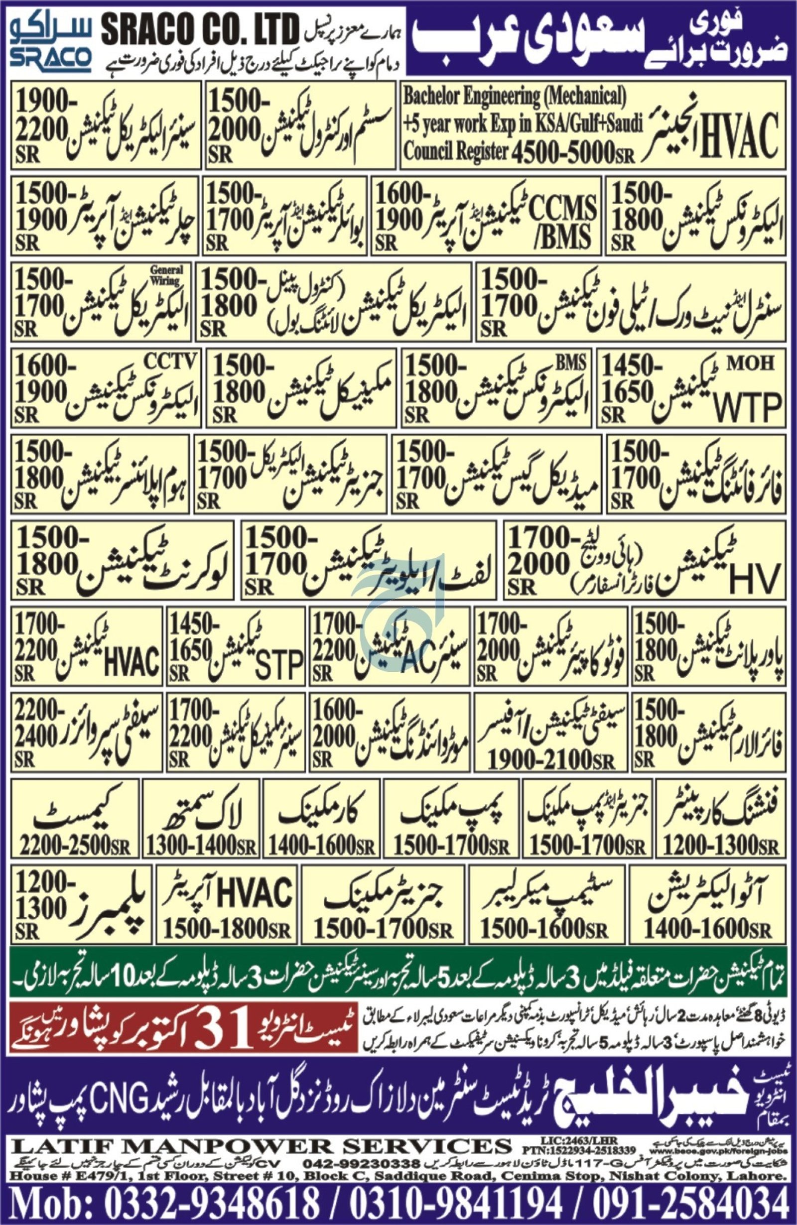 HVAC Engineer And Chemist Jobs In Saudi Arabia – Latif Manpower Services Jobs 2024 — original advertisement