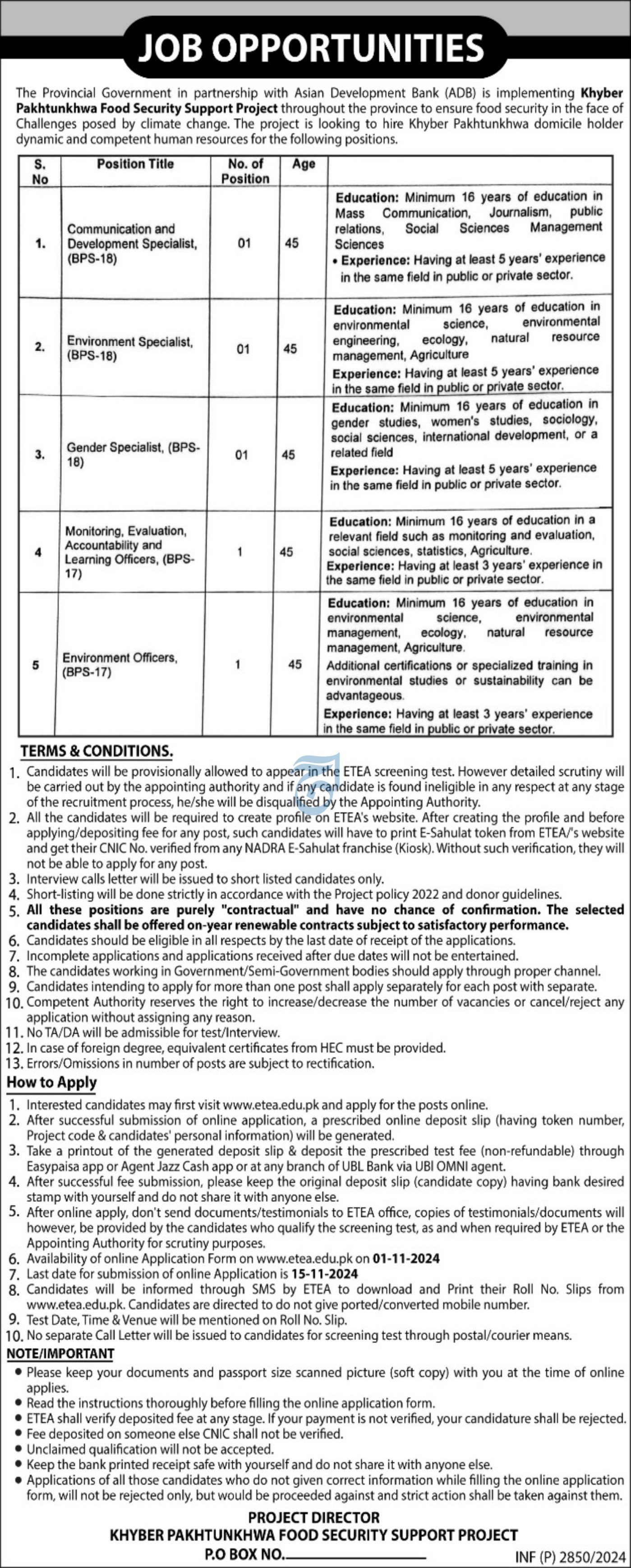 Khyber Pakhtunkhwa Food Security Support Project Jobs 2024 – Food Department KPK Jobs 2024 — original advertisement