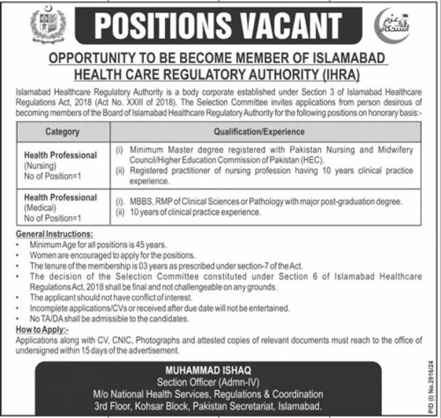 Islamabad Healtcare Regulatory Authority Jobs 2024 – Islamabad Healthcare Regulatory Authority Islamabad Jobs 2024 — original advertisement