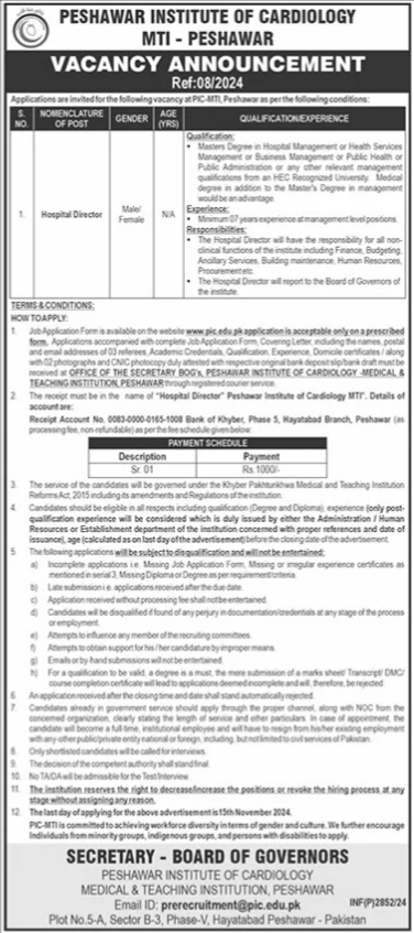 Peshawar Institute Of Cardiology PIC Job 2024 Jobs 2024 — original advertisement