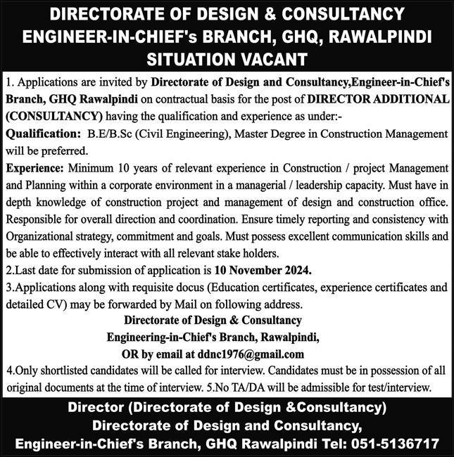 General Head Quarter GHQ Rawalpindi Jobs 2024 – Pakistan Army Jobs 2024 — original advertisement