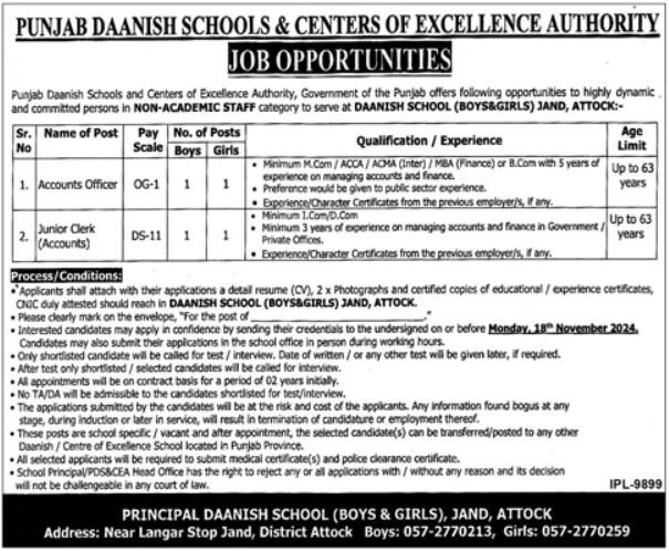 Punjab Daanish Schools & Center Of Excellence Authority Jobs Jobs 2024 — original advertisement